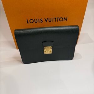 Authentic Louis Vuitton Green Taiga Leather Wristlet & Clutch Brass Hardware